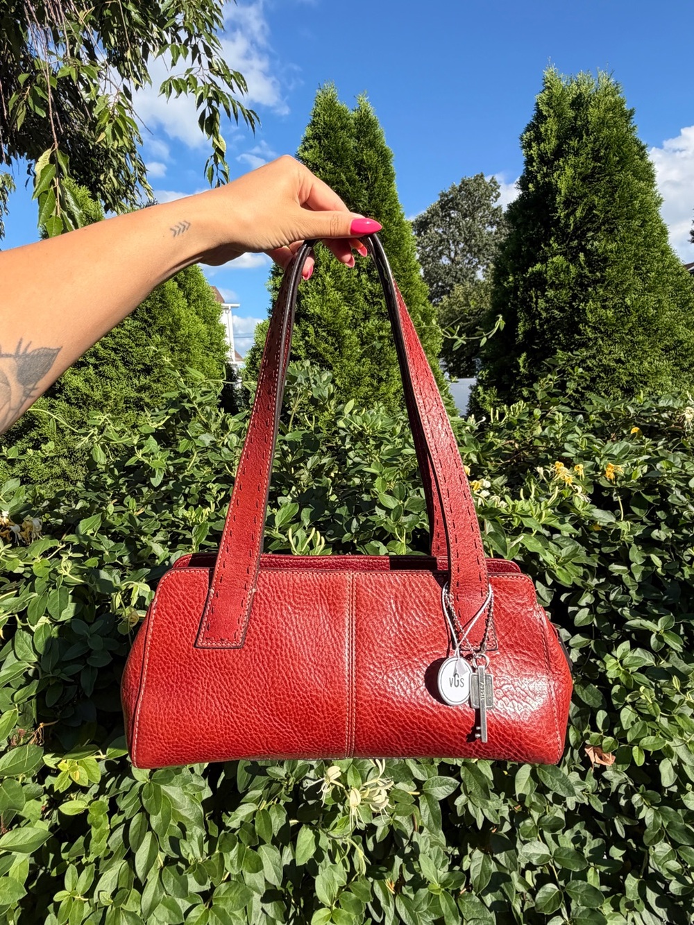 Vintage Fossil Red Leather Shoulder Bag Y2K Baguette Purse